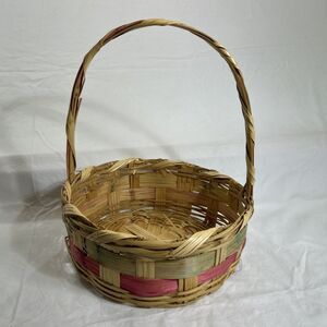 Vintage 1960s Bamboo Wicker Easter Basket Pink Splints 10" Round Grannycore